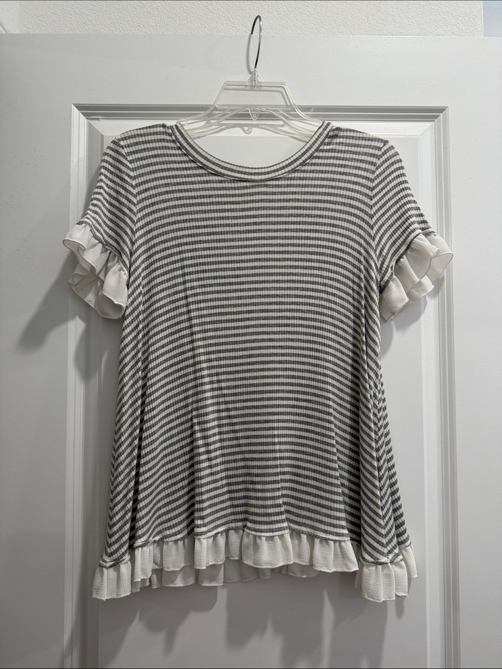 Altar'd State Gray & White Striped Ruffle Sleeve Top
